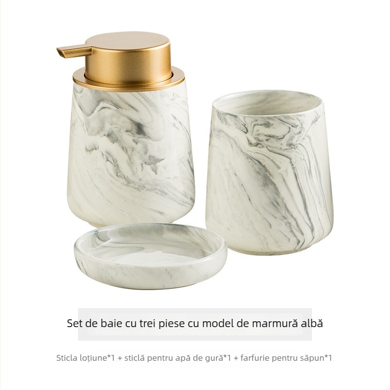Set de baie din ceramică cu model marmorat, patru piese, include pahar de clătinat și pahar pentru periuța de dinți