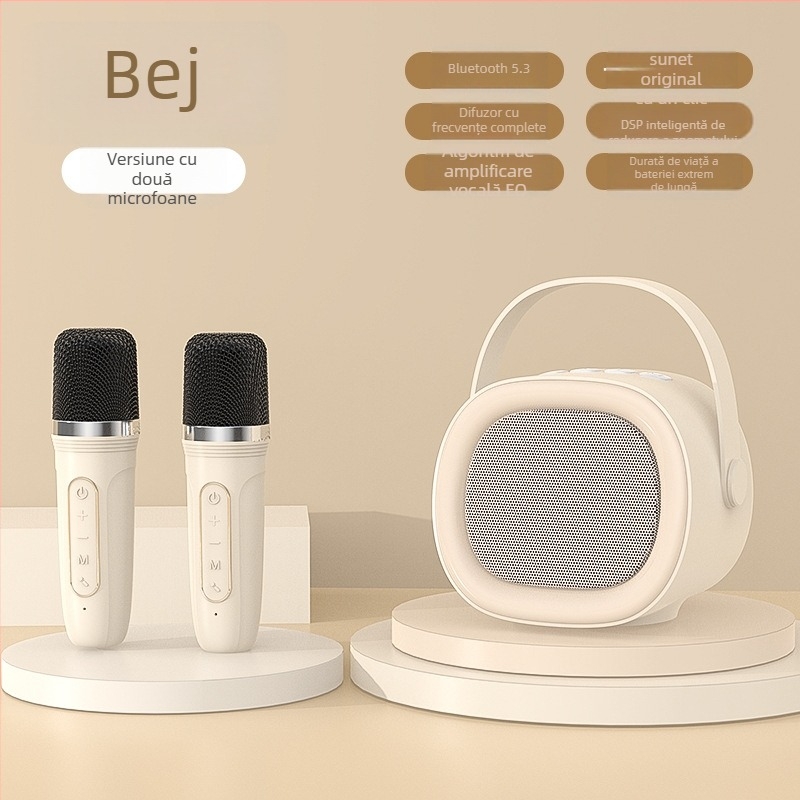 Sistem portabil microfon-difuzor pentru karaoke cu Bluetooth 5.3, frecvențe 100Hz-20kHz, SNR ≥70dB, baterie încorporată 1200–2000mAh, rază efectivă 10 m