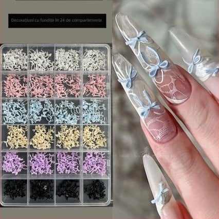 24 mini funda colorate pentru unghii – decor pentru manichiură DIY, funde și panglici