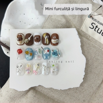 Yan ling – accesorii mini furculiță-lingură pentru unghii, paiete, model lanț, stil simplu