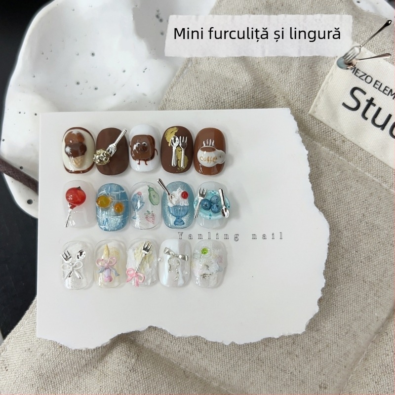 Yan ling – accesorii mini furculiță-lingură pentru unghii, paiete, model lanț, stil simplu