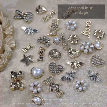 Decorațiuni pentru unghii din aliaj – stil vintage, forme: ursuleț, inimă, stea cu cinci colțuri, literă, fundă; Material: aliaj; Serie: Alloy Series; Model: Dragoste; Stil: Simplu; Greutate netă: 13 g