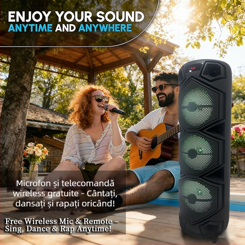 Difuzor Bluetooth portabil cu microfon pentru karaoke, sistem cu 4 difuzoare, 20W, BT 5.3, 100Hz-20kHz, SNR ≥75dB, baterie încorporată 2000-4000mAh