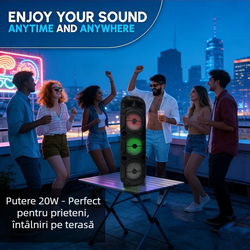 Difuzor Bluetooth portabil cu microfon pentru karaoke, sistem cu 4 difuzoare, 20W, BT 5.3, 100Hz-20kHz, SNR ≥75dB, baterie încorporată 2000-4000mAh