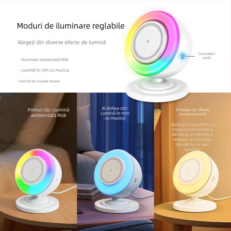 Boxă Bluetooth cu încărcare fără fir – 3 în 1, lumină de noapte RGB, IPX7 rezistent la apă, Bluetooth 5.0, 15W
