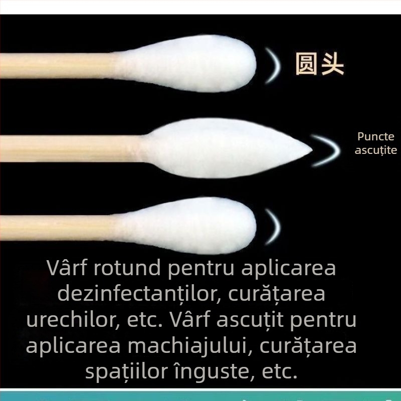 Bastonașe de bumbac pentru curățarea urechilor și machiaj, bețe din lemn, în cutie