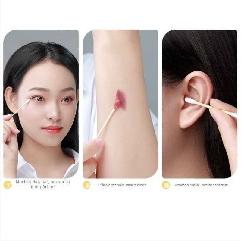 Bastonașe de bumbac pentru curățarea urechilor și machiaj, bețe din lemn, în cutie