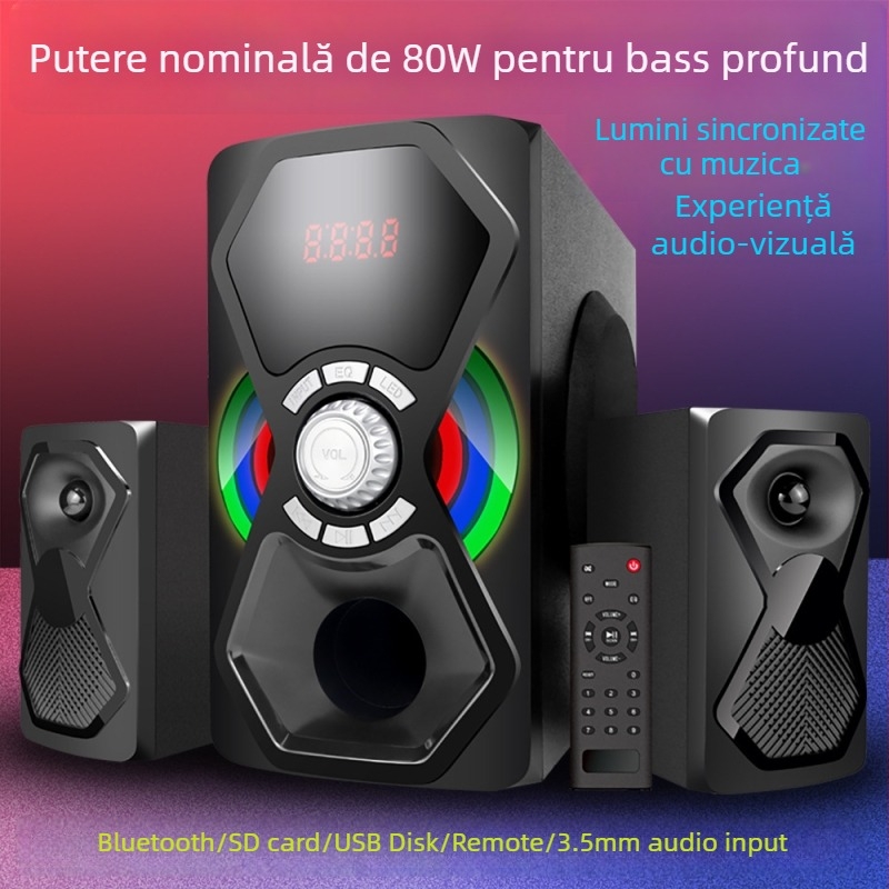 Sistem de boxe Bluetooth 2.1 pentru multimedia cu amplificator de subwoofer (BT 5.3; 80W; 20 Hz–20 kHz; Sunet 360°; Iluminare RGB)