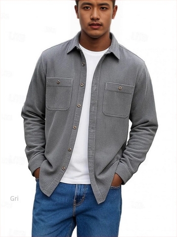 Cămașă-cardigan pentru bărbați, cu guler rever, mâneci lungi, culoare solidă, țesătură groasă, mai multe buzunare (Primăvara 2025)