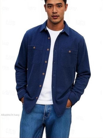 Cămașă-cardigan pentru bărbați, cu guler rever, mâneci lungi, culoare solidă, țesătură groasă, mai multe buzunare (Primăvara 2025)