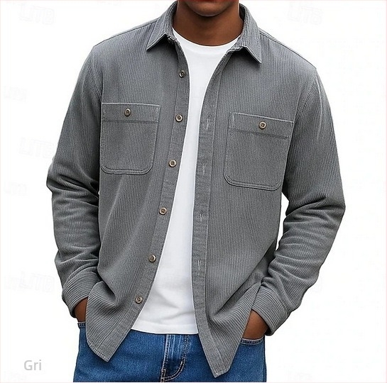 Cămașă-cardigan pentru bărbați, cu guler rever, mâneci lungi, culoare solidă, țesătură groasă, mai multe buzunare (Primăvara 2025)
