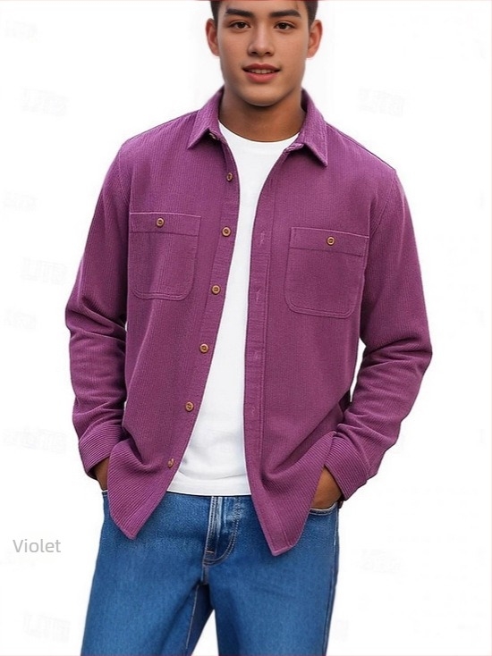 Cămașă-cardigan pentru bărbați, cu guler rever, mâneci lungi, culoare solidă, țesătură groasă, mai multe buzunare (Primăvara 2025)