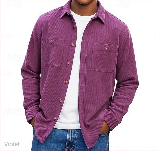 Cămașă-cardigan pentru bărbați, cu guler rever, mâneci lungi, culoare solidă, țesătură groasă, mai multe buzunare (Primăvara 2025)