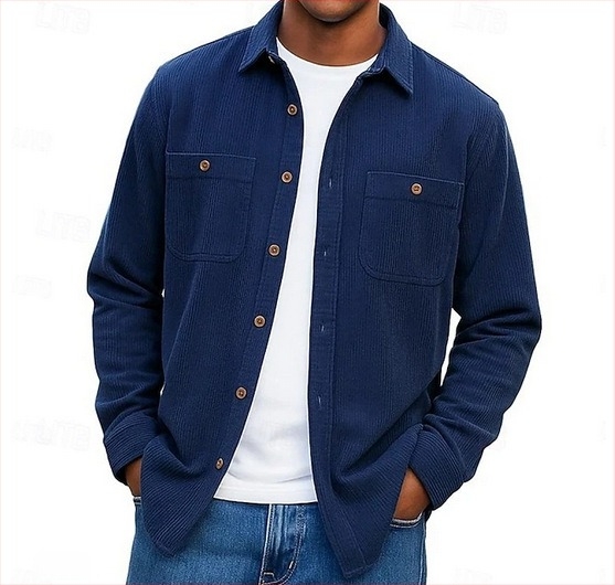 Cămașă-cardigan pentru bărbați, cu guler rever, mâneci lungi, culoare solidă, țesătură groasă, mai multe buzunare (Primăvara 2025)