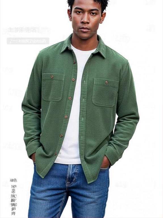 Cămașă-cardigan pentru bărbați, cu guler rever, mâneci lungi, culoare solidă, țesătură groasă, mai multe buzunare (Primăvara 2025)