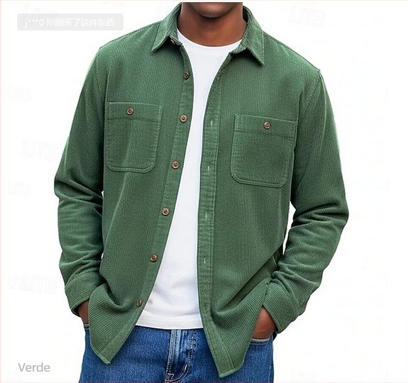 Cămașă-cardigan pentru bărbați, cu guler rever, mâneci lungi, culoare solidă, țesătură groasă, mai multe buzunare (Primăvara 2025)