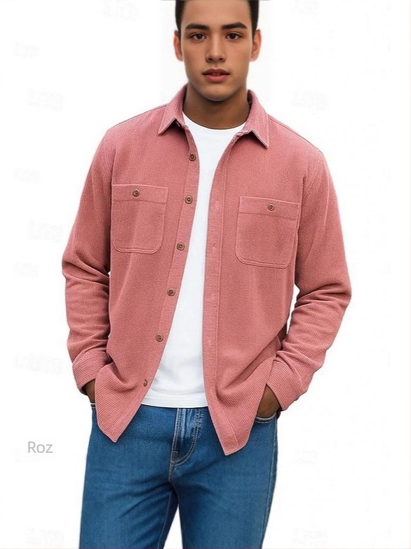 Cămașă-cardigan pentru bărbați, cu guler rever, mâneci lungi, culoare solidă, țesătură groasă, mai multe buzunare (Primăvara 2025)