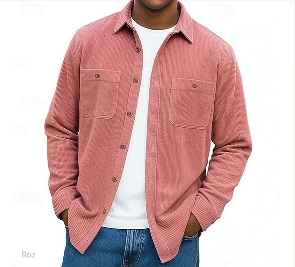 Cămașă-cardigan pentru bărbați, cu guler rever, mâneci lungi, culoare solidă, țesătură groasă, mai multe buzunare (Primăvara 2025)