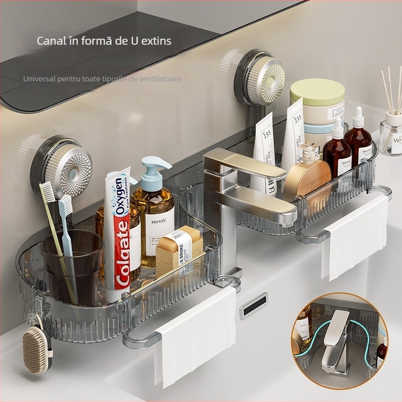 Raft de depozitare pentru baie montat pe perete cu ventuză, acrilic, fără găuri, 1 nivel, încărcare 10-15 kg