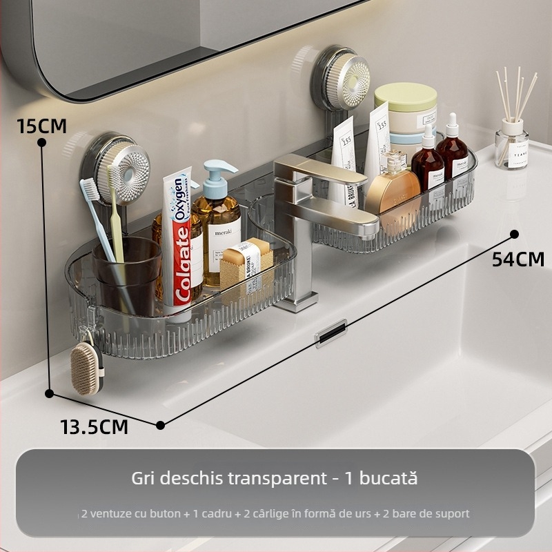 Raft de depozitare pentru baie montat pe perete cu ventuză, acrilic, fără găuri, 1 nivel, încărcare 10-15 kg