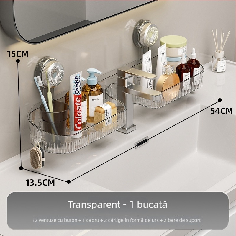 Raft de depozitare pentru baie montat pe perete cu ventuză, acrilic, fără găuri, 1 nivel, încărcare 10-15 kg