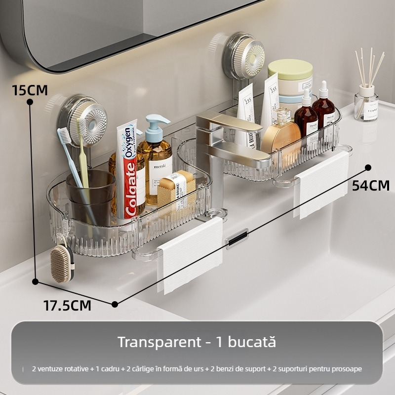 Raft de depozitare pentru baie montat pe perete cu ventuză, acrilic, fără găuri, 1 nivel, încărcare 10-15 kg