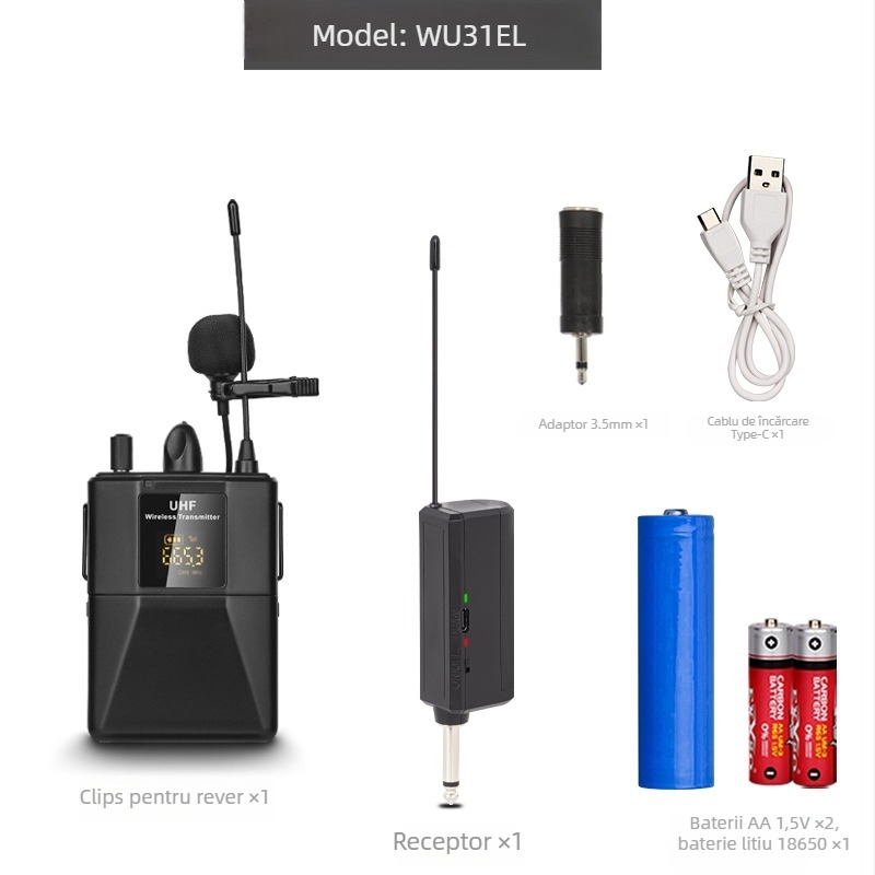 Microfon WU31ET pentru înregistrări profesionale, cu captare cardioid, intervalul de frecvență 60 Hz–15 kHz, SNR ≥95 dB, dimensiuni 178×69×29 mm