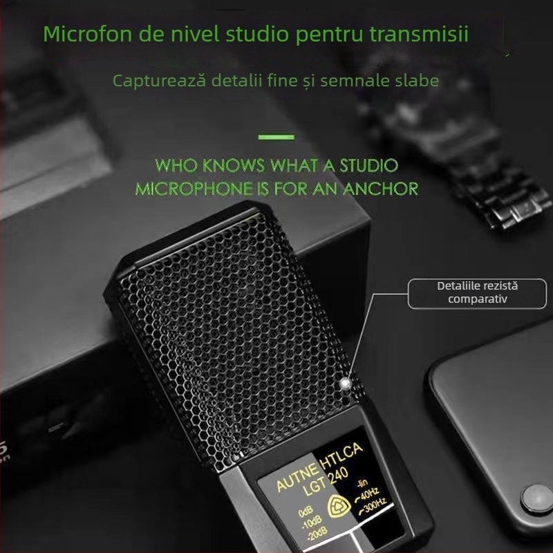 Microfon condenser pentru PC pentru karaoke cu diafragmă mare, baterie încorporată 1200-2000 mAh, autonomie 8-12 h, SNR ≥100 dB, 1 W