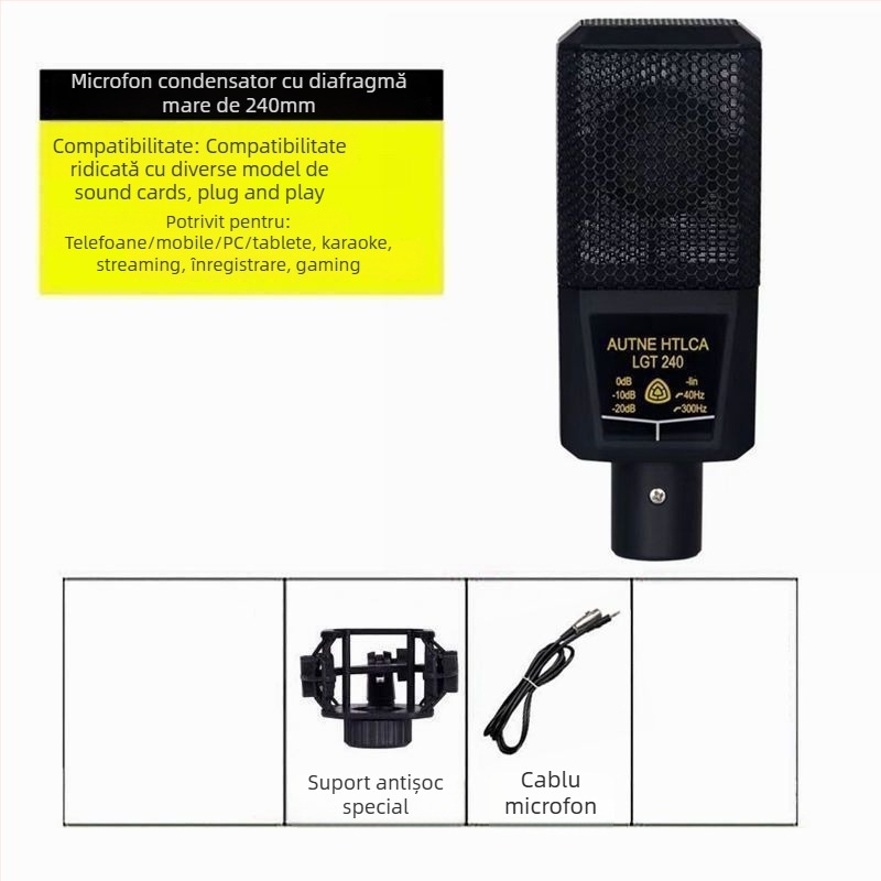 Microfon condenser pentru PC pentru karaoke cu diafragmă mare, baterie încorporată 1200-2000 mAh, autonomie 8-12 h, SNR ≥100 dB, 1 W