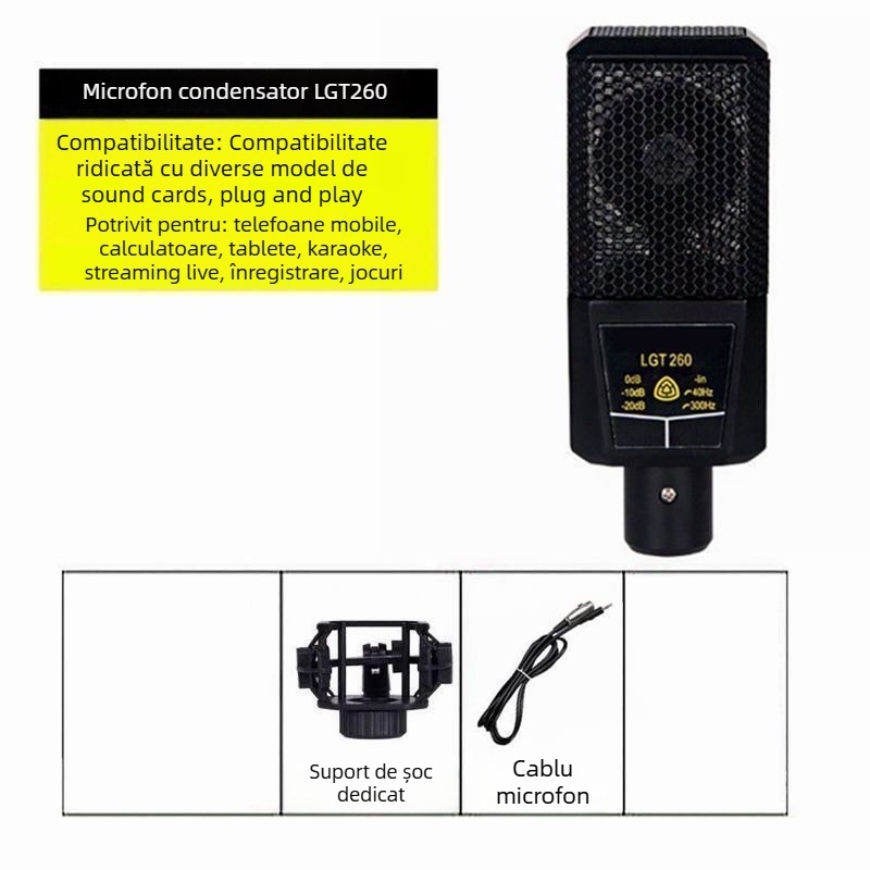 Microfon condenser pentru PC pentru karaoke cu diafragmă mare, baterie încorporată 1200-2000 mAh, autonomie 8-12 h, SNR ≥100 dB, 1 W