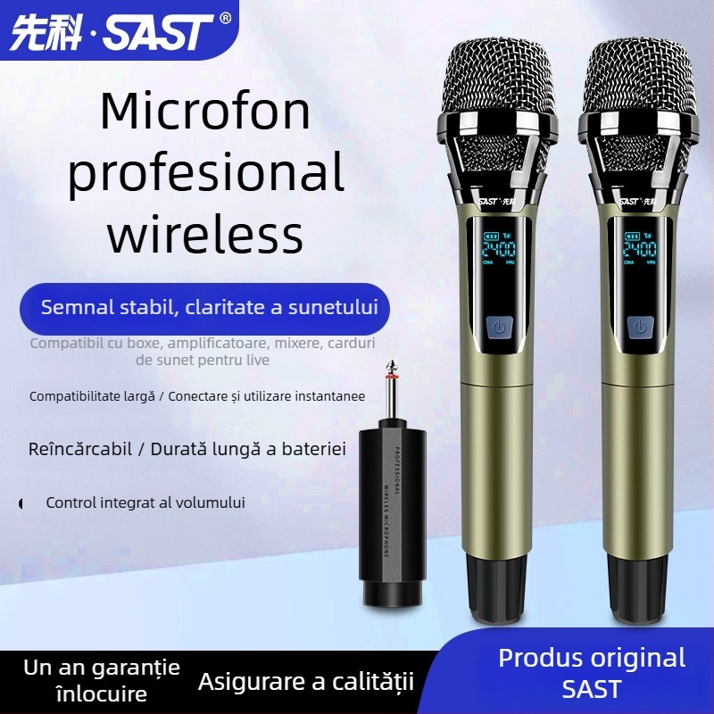 Microfon wireless reîncărcabil pentru karaoke acasă | sistem 1 la 2 | baterie detașabilă 500–800 mAh | autonomie 8–12 h | SNR ≥70 dB | bobină în mișcare