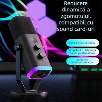 Microfon USB pentru desktop pentru gaming și streaming cu iluminare RGB; potrivit pentru utilizare acasă, conferințe și înregistrări audio; răspuns în frecvență 20 Hz–20 kHz; SNR ≥75 dB; Bluetooth 2.0