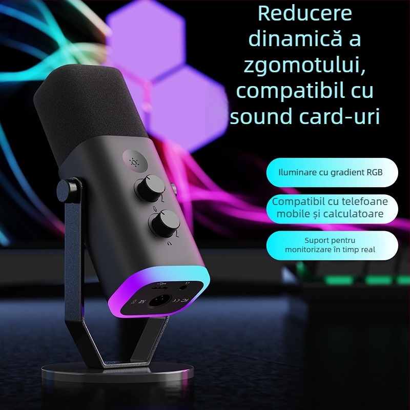 Microfon USB pentru desktop pentru gaming și streaming cu iluminare RGB; potrivit pentru utilizare acasă, conferințe și înregistrări audio; răspuns în frecvență 20 Hz–20 kHz; SNR ≥75 dB; Bluetooth 2.0