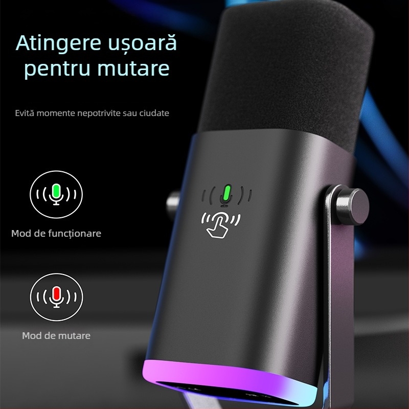 Microfon USB pentru desktop pentru gaming și streaming cu iluminare RGB; potrivit pentru utilizare acasă, conferințe și înregistrări audio; răspuns în frecvență 20 Hz–20 kHz; SNR ≥75 dB; Bluetooth 2.0