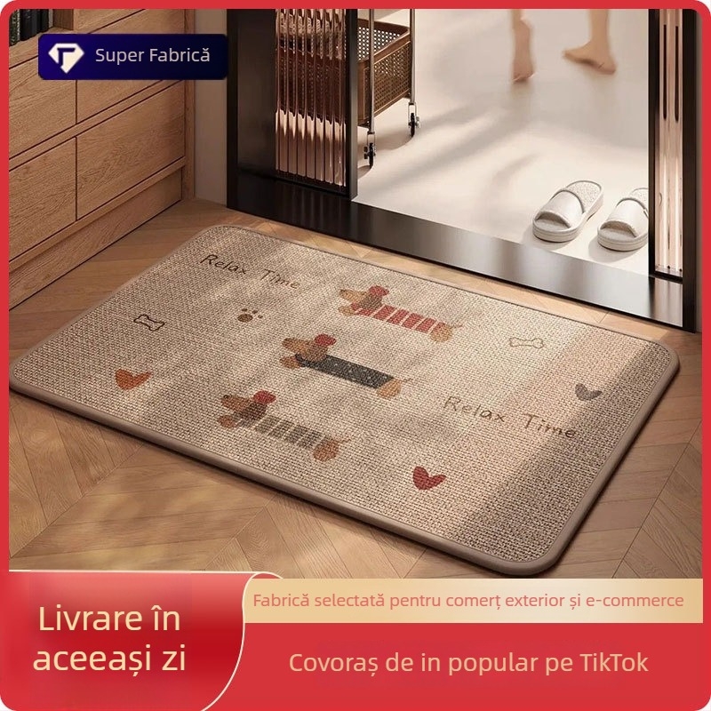 Covor de podea din in, pătrată, cu model desen animat; absorbant, antiaderent