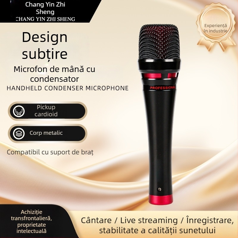 Microfon condensator de mână pentru transmisiuni live, cu conectivitate wireless; captare supercardioidă; răspuns în frecvențe 30 Hz–15 kHz; SNR ≥70 dB