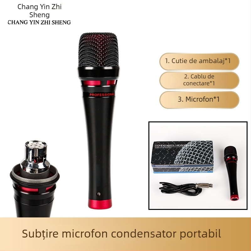 Microfon condensator de mână pentru transmisiuni live, cu conectivitate wireless; captare supercardioidă; răspuns în frecvențe 30 Hz–15 kHz; SNR ≥70 dB