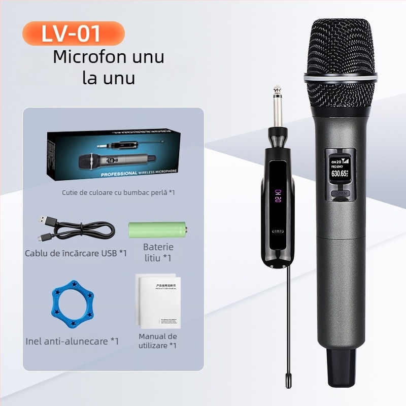 Microfon wireless de mână pentru KTV, transmisii live, 2.4 GHz, baterie încorporată 500–800 mAh, răspuns în frecvență 40 Hz–20 kHz, SNR ≥85 dB