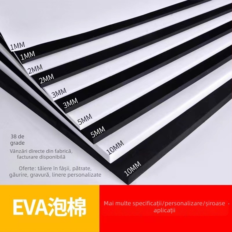Foaie EVA din spumă, densitate 38, grosime 2–9 mm, ignifugă și anti-statică, fără miros, cu spate adeziv opțional