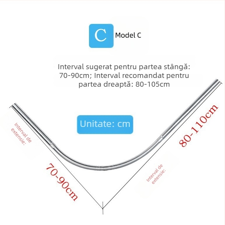 Bară de duș curbată din oțel inoxidabil, telescopică, în formă de L
