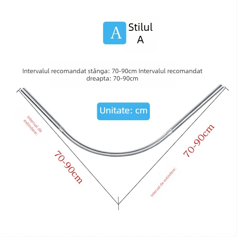 Bară de duș curbată din oțel inoxidabil, telescopică, în formă de L
