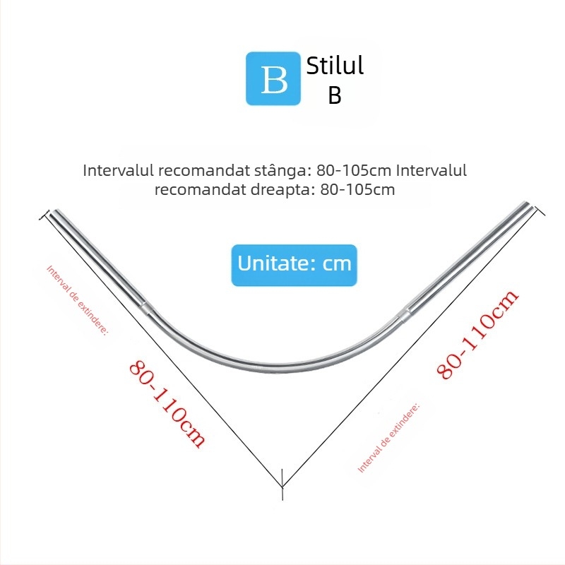Bară de duș curbată din oțel inoxidabil, telescopică, în formă de L