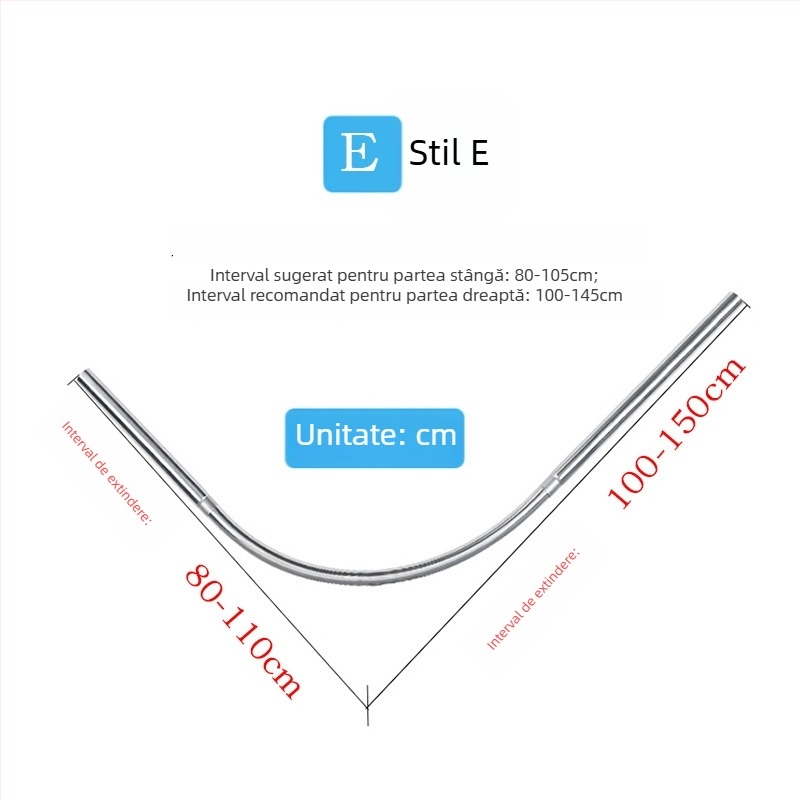 Bară de duș curbată din oțel inoxidabil, telescopică, în formă de L