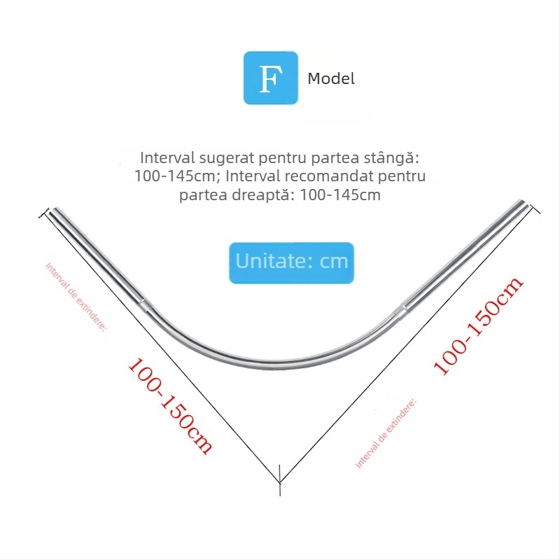 Bară de duș curbată din oțel inoxidabil, telescopică, în formă de L