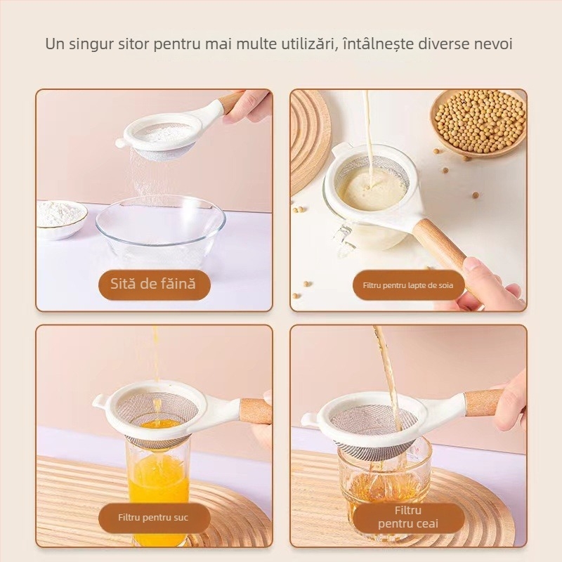 Sită de făină din oțel inoxidabil, cu mâner din lemn, plasă filtrantă, design modern