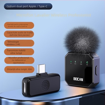 Microfon lavalier wireless pentru telefonul mobil — clip-on microfon pentru live streaming și înregistrări video — baterie încorporată, autonomie 6–8 ore, SNR ≥85 dB, capacitate baterie 50–100 mAh, putere nominală 5