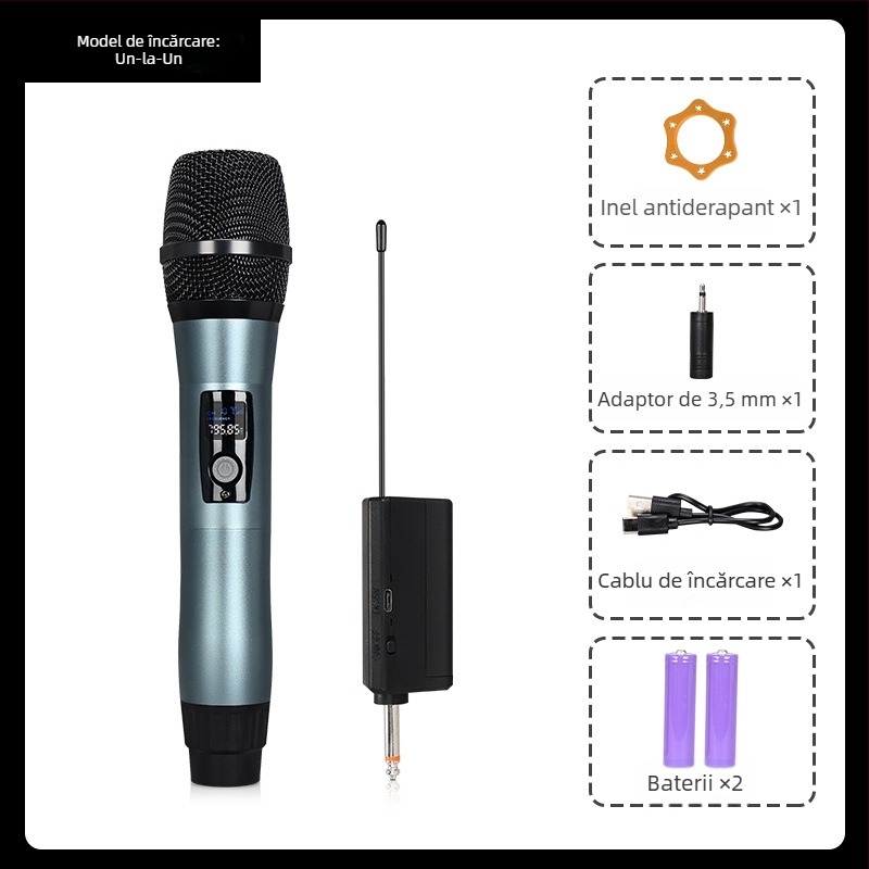 Microfon wireless metal reîncărcabil pentru scenă, model S7, microfon dynamic din aliaj de aluminiu, răspuns în frecvență 60 Hz–15 kHz, SNR ≥60 dB, baterie 1000–1200 mAh, autonomie 3–6 h