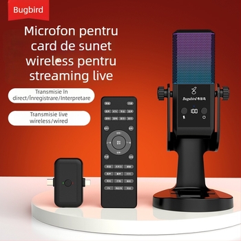Microfon pentru emisie live cu set de card audio - wireless, 2.1 canale, 100 Hz–20 kHz, SNR ≥95 dB, baterie încorporată 1000–1200 mAh