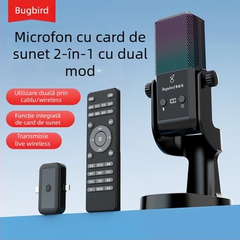 Microfon pentru emisie live cu set de card audio - wireless, 2.1 canale, 100 Hz–20 kHz, SNR ≥95 dB, baterie încorporată 1000–1200 mAh