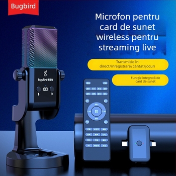Microfon pentru emisie live cu set de card audio - wireless, 2.1 canale, 100 Hz–20 kHz, SNR ≥95 dB, baterie încorporată 1000–1200 mAh